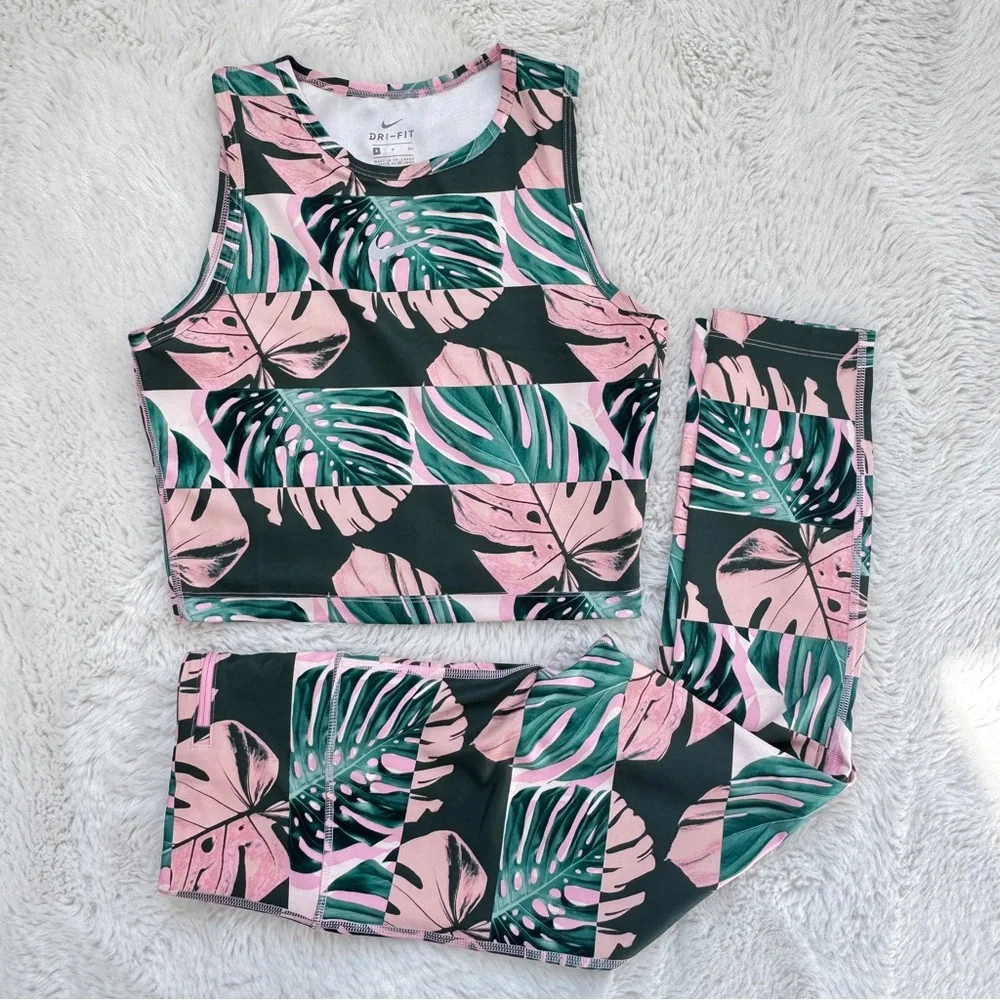 Nike Fast Runway Tank and Leggings Matching Set with Monstera Leaf Print